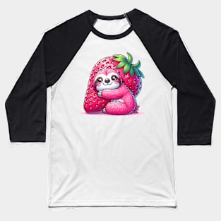 Pink Sloth Hugging a Strawberry Cute Kawaii Animal Baseball T-Shirt